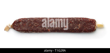 Top view of flat beef smoked sausage isolated on white Stock Photo