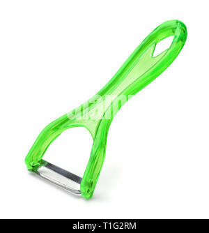 Green plastic vegetable peeler isolated on white Stock Photo
