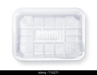 Top view of transparent plastic food packing tray isolated on white Stock Photo