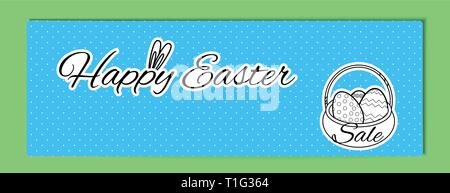 Easter banner with the inscription Happy Easter with bunny ears and a basket with eggs on a white background in the style of the sticker. Horizontal s Stock Vector