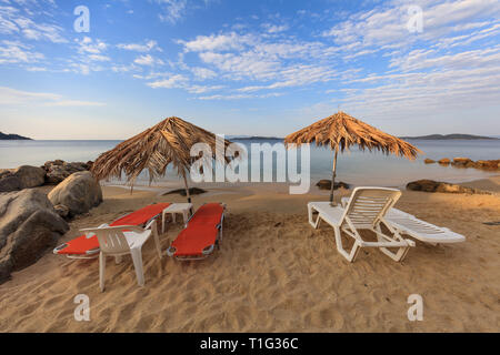 sunrise on the beach near Ouranoupolis city. Halkidiki, Greece Stock Photo