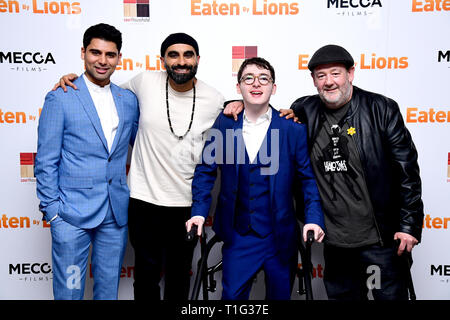 (Left to right) Antonio Aakeel, Tez Ilyas, Jack Carroll and Johnny Vegas attending the Eaten by Lions Premiere held at The Courthouse Hotel in London. Stock Photo