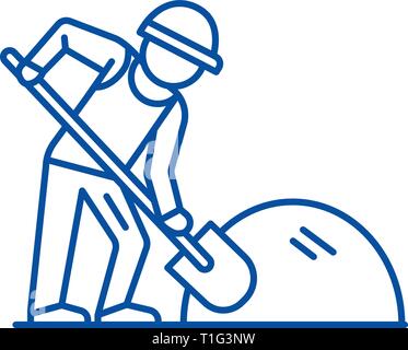 Builder working with shovel line icon concept. Builder working with shovel flat  vector symbol, sign, outline illustration. Stock Vector