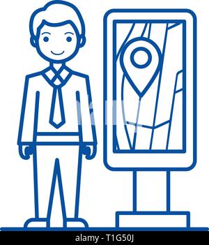 Businessman with geo location  line icon concept. Businessman with geo location  flat  vector symbol, sign, outline illustration. Stock Vector
