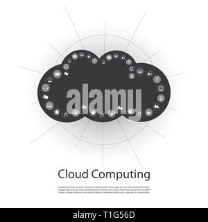 Black and White Networks, IoT, Technology and Cloud Computing Concept Design with Icons - Illustration in Editable Vector Format Stock Vector