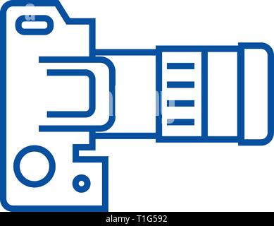 Camera dslr, top view line icon concept. Camera dslr, top view flat  vector symbol, sign, outline illustration. Stock Vector