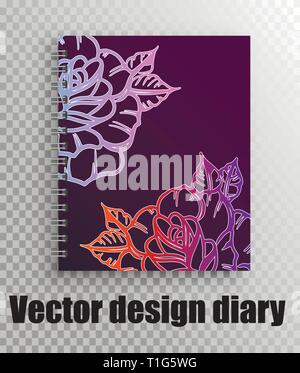 Stylish office. Vector mockup of notepad, diary on a spring with a beautiful stylish print - neon roses Stock Vector