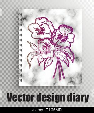 Stylish design for diaries and notebooks with marble and flowers Stock Vector