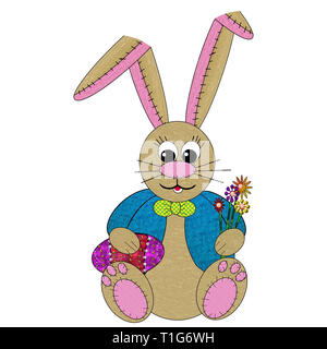 Graphic Stuffed Toy Bunny Rabbits with Huge Ears carrying, flowers, chocolate bunny or Easter egg.  One Image bunnies sitting on patchwork quilt. Stock Photo