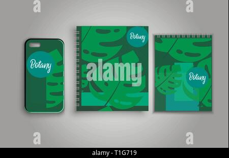 Print for iPhone cover and notebooks on a spring tropical leaves on a green background Stock Vector