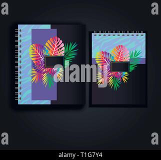 Two stylish notebooks on a spring with a tropic print pattern. Exotic monstera leaves with zebra pattern. Neon tropic leaves vector Stock Vector