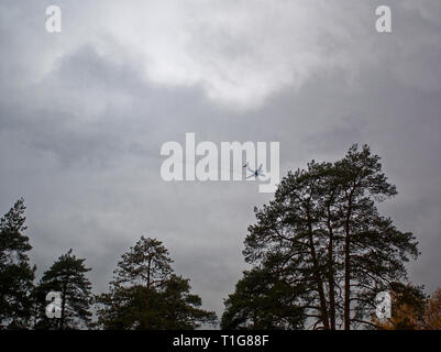 the plane against the cloudy sky and trees, Moscow Stock Photo