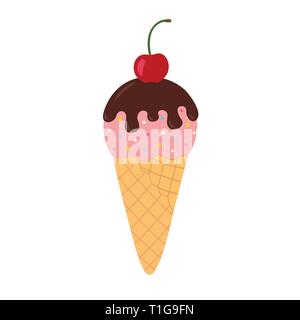 Cherry ice cream with chocolate in a waffle cone Stock Vector