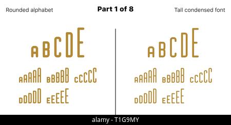 Condensed bold sans serif font, Rounded. Vector golden typefaces, Part 1 of 8. Set of tall uppercase alphabet with narrow letters, numbers and symbols Stock Vector
