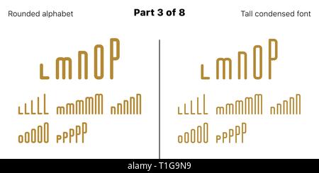 Condensed bold sans serif font, Rounded. Vector golden typefaces, Part 3 of 8. Set of tall uppercase alphabet with narrow letters, numbers and symbols Stock Vector