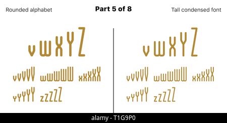 Condensed bold sans serif font, Rounded. Vector golden typefaces, Part 5 of 8. Set of tall uppercase alphabet with narrow letters, numbers and symbols Stock Vector