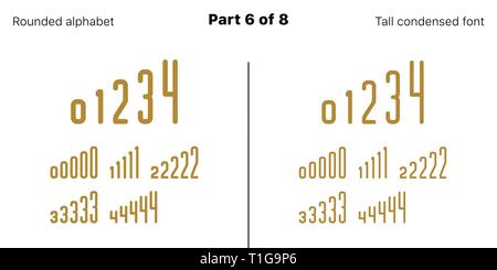 Condensed bold sans serif font, Rounded. Vector golden typefaces, Part 6 of 8. Set of tall uppercase alphabet with narrow letters, numbers and symbols Stock Vector