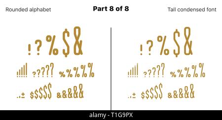 Condensed bold sans serif font, Rounded. Vector golden typefaces, Part 8 of 8. Set of tall uppercase alphabet with narrow letters, numbers and symbols Stock Vector