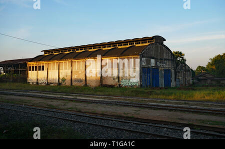 The famous old locomotive shed at Battambang train station. It is said to house ancient steam locomotives. Early morning. Cambodia. Dec 2018 Stock Photo