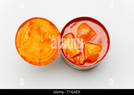 open can of ravioli on white background Stock Photo