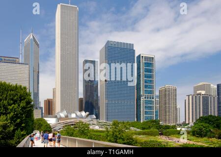View of Chicago Skyline and Millennium Park from Nichols Bridge way leading to The Art Institute, Chicago, Illinois. Stock Photo