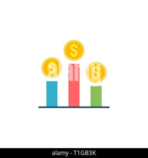 Statistic Chart with Coins. Statistic Chart with Dollar Coins Vector Flat Icon Isolated on White Background Stock Vector