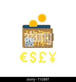Digital Wallet. Digital Wallet Concept with Coins and Different Currency Vector Flat Icon Isolated on White Background. Stock Vector