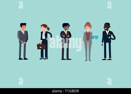 Vector of multicultural happy cartoon characters business people team on marine blue background Stock Vector
