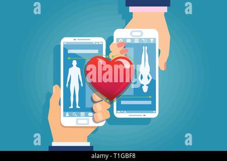 Online dating concept. Vector of a male and female hands holding smartphones matching their social media mobile app profiles with red heard connecting Stock Vector