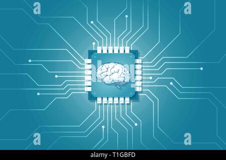 Artificial intelligence machine learning technology integration in human life concept. Vector of a computer circuit implanted in human brain. Stock Vector