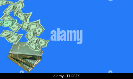 flying banknotes of 1 US dollar and legal books on a blue background. Corruption in legal system Stock Photo