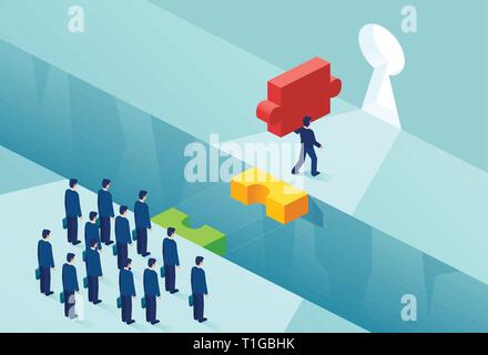 Patent ownership and competitive advantage concept. Vector of a businessman with a key puzzle piece creating obstacles for rivals Stock Vector