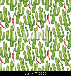 Green cactuses hand drawn seamless pattern. Cacti and hot chili peppers doodle texture. Mexican plants cartoon drawing. Spicy chilli and desert succulent background. Wrapping paper flat vector fill Stock Vector