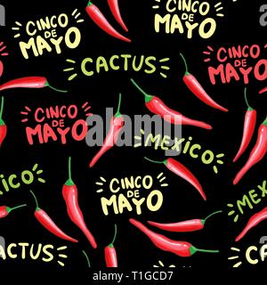 Red chili cartoon seamless pattern. Hot chilli peppers doodle texture. Cinco de Mayo, cactus hand drawn stylized lettering. Mexican holiday, black background. Spicy vegetable wrapping paper Stock Vector