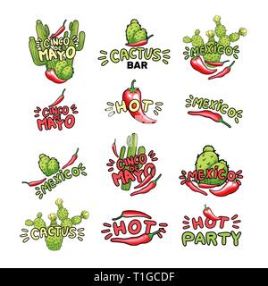 Cactus and chili hand drawn illustrations set. Green saguaro cacti, red hot peppers doodle drawings. Cartoon lettering. Mexican isolated cliparts. Typography, logo, signboard flat design elements Stock Vector