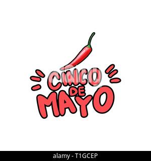 Cinco de Mayo hand drawn stylized lettering. Green saguaro cactus and red hot chili pepper cartoon isolated clipart. Cacti and chilli drawing. Mexican festive greeting card, poster flat design element Stock Vector