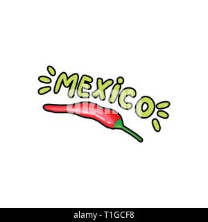 Mexico Lettering with Green letters and Red pepper. Isolated Logo Vector Design Element for Branding Stock Vector