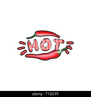 Red chili hand drawn color illustration. Chilli pepper cartoon isolated clipart. Hot stylized beige lettering. Spicy vegetable outline drawing. Mexican food greeting card, poster flat design element Stock Vector