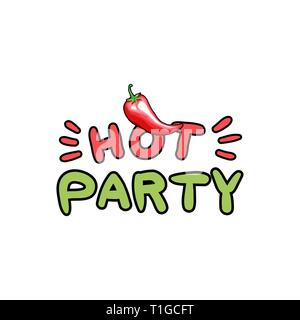 Hot party hand drawn stylized lettering. Chili pepper cartoon isolated clipart. Red chilli contour drawing. Spicy vegetable design element. Mexican festive invitation, poster flat color illustration Stock Vector