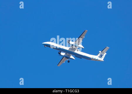 De Havilland Canada DHC-8 operated by Flybe, making a final approach into Leeds Bradford International Airport Stock Photo