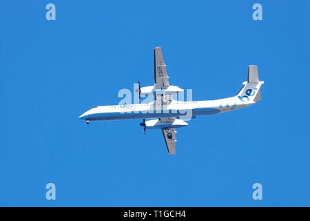 De Havilland Canada DHC-8 operated by Flybe, making a final approach into Leeds Bradford International Airport Stock Photo