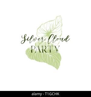 Silver cloud party hand drawn vector logo layout. Outline and silhouette palm leaves. Green leafage with lettering. Exotic foliage illustration. Botanical postcard, invitation linear design Stock Vector