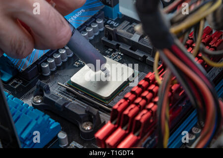 Engineer applying thermal paste on the computer board chip cpu Stock Photo