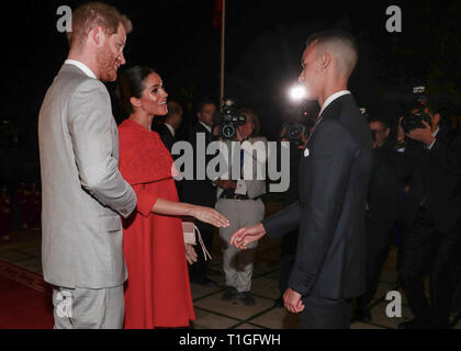 The Duke and Duchess of Sussex meet Crown Prince Moulay Hassan at a Royal Residence in Rabat, Morocco.  Featuring: Prince Harry, Harry Duke of Sussex, Meghan Duchess of Sussex, Meghan Markle, Crown Prince Moulay Hassan Where: Rabat, Morocco When: 23 Feb 2019 Credit: John Rainford/WENN Stock Photo