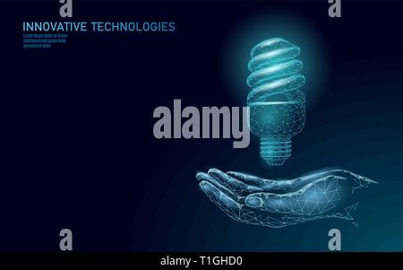 Fluorescent compact lamp saving energy light bulb concept. Polygonal night space star dark blue sky lamp ecology environment electricity green energy Stock Vector
