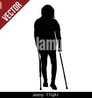 Disabled man silhouette on crutches on white background, vector illustration Stock Vector