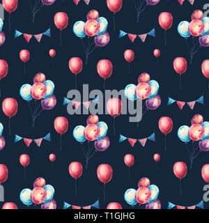 Watercolor Colorful Air Balloons and Party Garlands Seamless Pattern. Hand Drawn  Illustration on Black Background. Wedding Design Collection Stock Photo