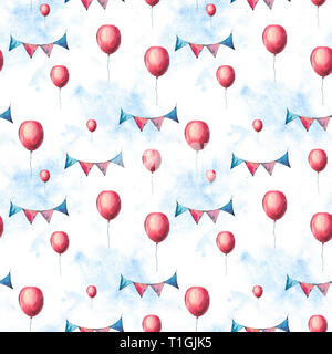 Watercolor Red Air Balloons and Party Garlands Seamless Pattern. Hand Drawn  Illustration on White Background. Wedding Design Collection Stock Photo