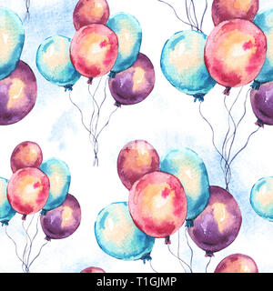 Watercolor Colorful Air Balloons Seamless Pattern. Hand Drawn Illustration on White Background. Wedding Design Collection Stock Photo