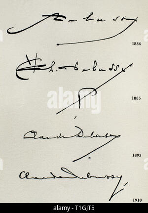 Claude Debussy (1862-1918). French composer. Debussy signatures in different periods of his life (1884, 1885, 1893 and 1910). Stock Photo